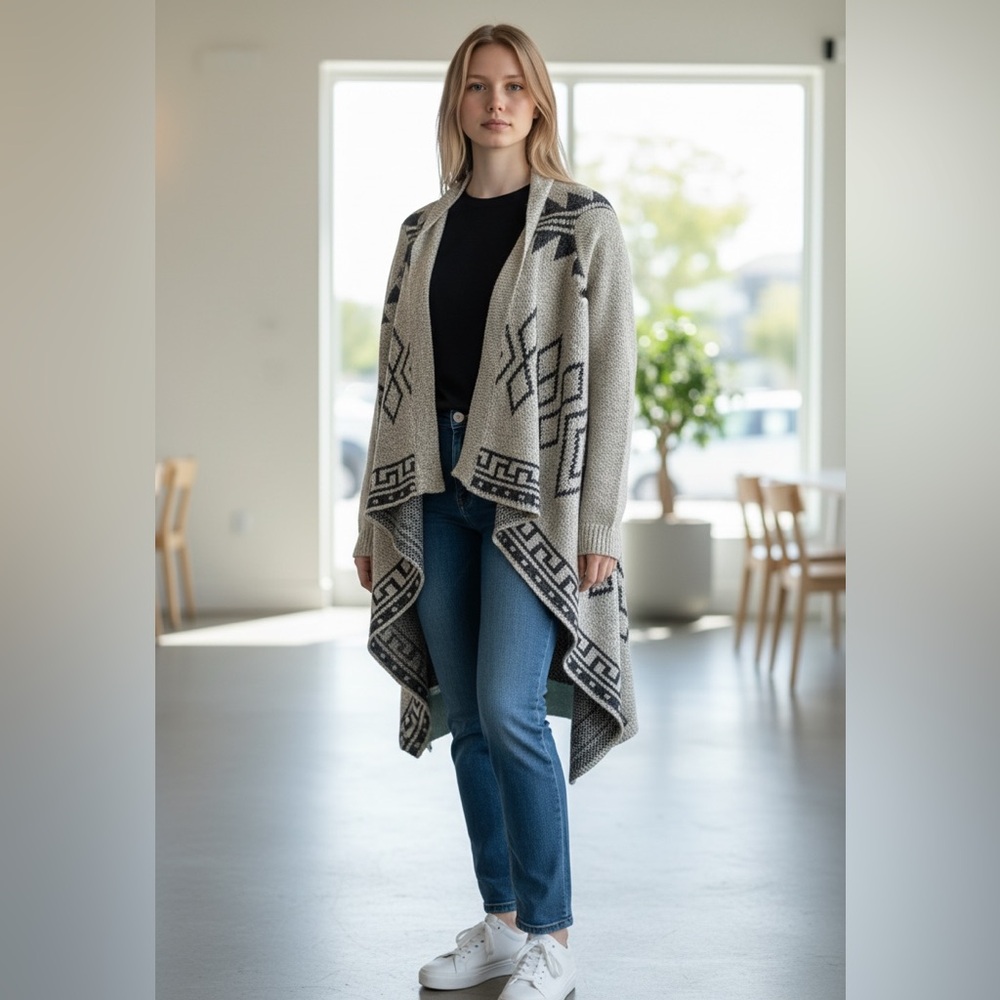 Geometric Patterned White and Black Sweater